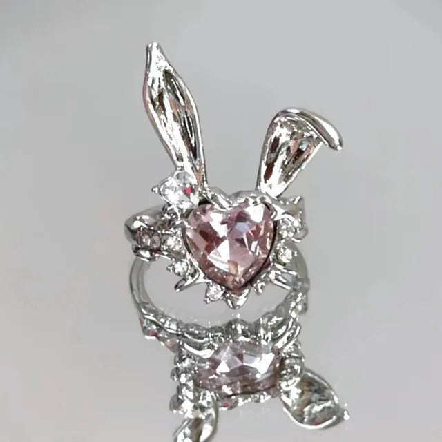 Pink Lovely Moonstone Rabbit Ear Adjustable Rings Bunny